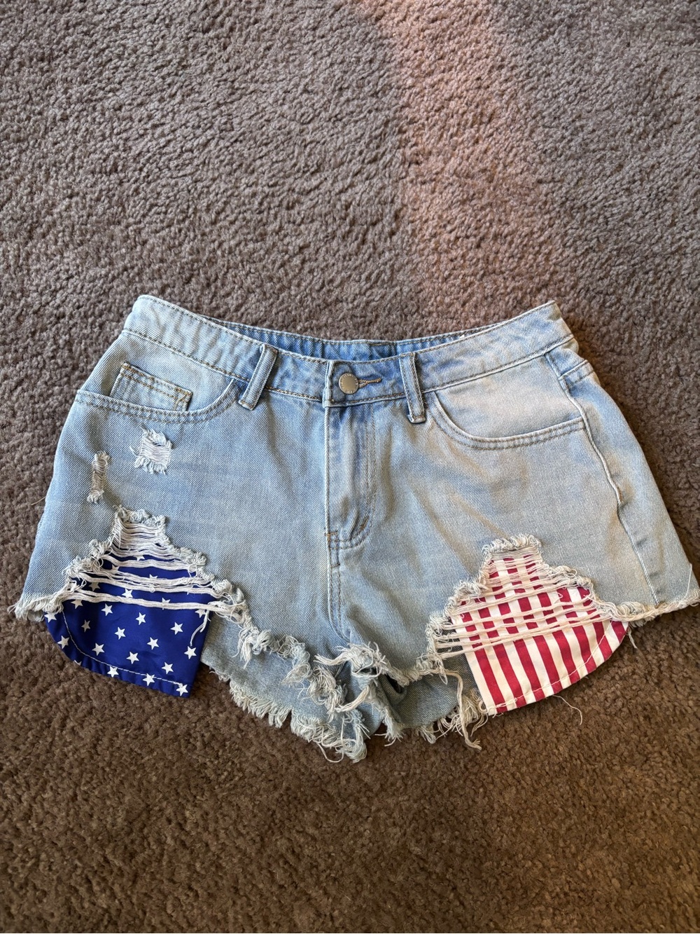 SHEIN Light Blue Distressed Denim Shorts with Red & Blue Flag Patches